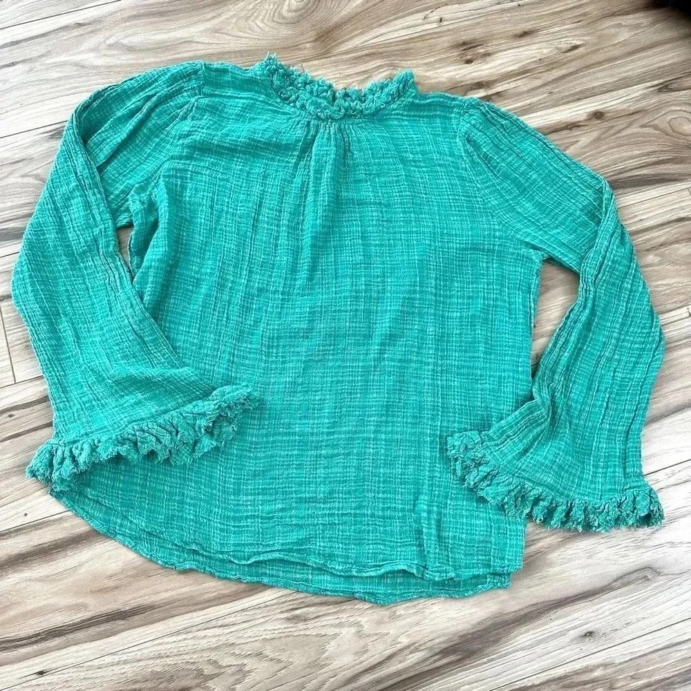 FREE PEOPLE | Green Bell Sleeve Gauze High Neck Blouse Raw Hem | Size Small